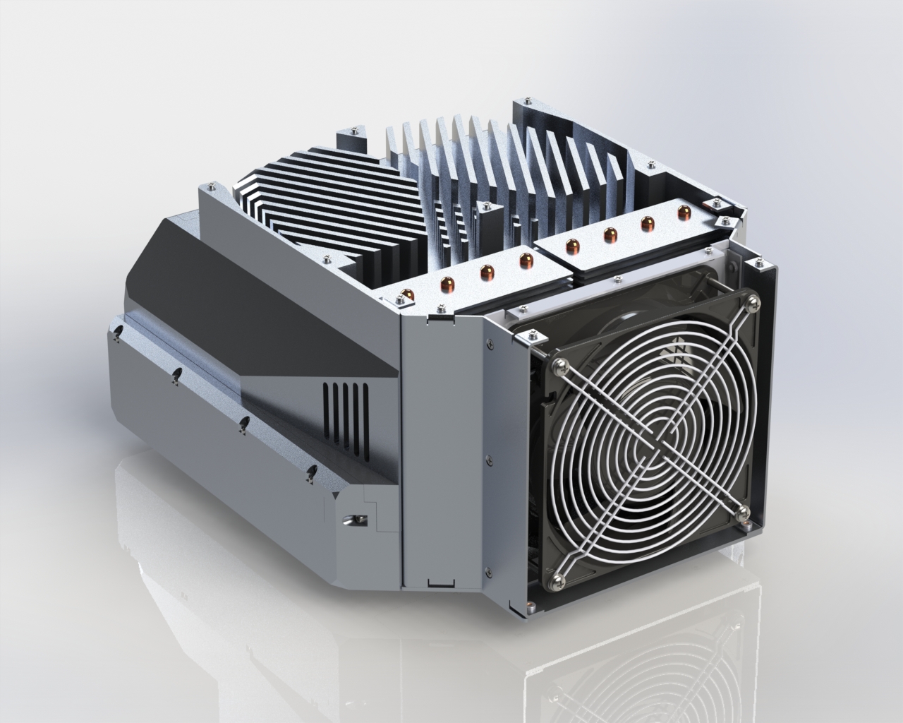 Custom cooling unit with copper heat-pipe array, finned heat sink, and exhaust fan